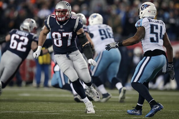 New England Patriots tight end Rob Gronkowski (87) runs a pass route against the Tennessee Titans during the second half of an NFL divisional playoff football game, Saturday, Jan. 13, 2018, in Foxborough, Mass. (AP Photo/Charles Krupa)