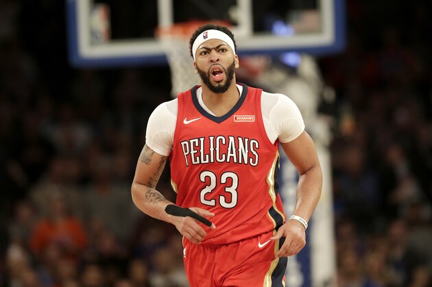 New Orleans Pelicans Anthony Davis during the second half of the NBA basketball game against the New York Knicks, Sunday, Jan. 14, 2018, in New York. (AP Photo/Seth Wenig)