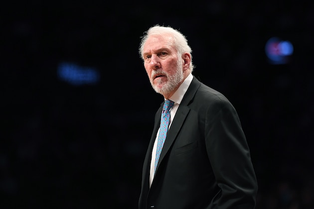 NEW YORK, NY - JANUARY 17: Head Coach Gregg Popovich of the San Antonio Spurs reacts during the game against the Brooklyn Nets at Barclays Center on January 17, 2018 in Brooklyn, New York. NOTE TO USER: User expressly acknowledges and agrees that, by downloading and or using this photograph, User is consenting to the terms and conditions of the Getty Images License Agreement. (Photo by Matteo Marchi/Getty Images)