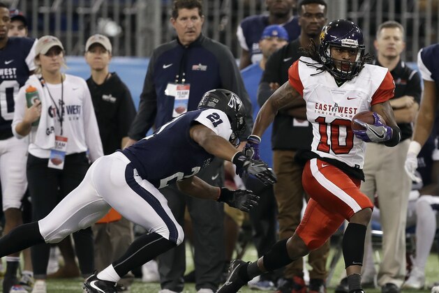 East wide receiver Daurice Fountain (10), of Northern Iowa, eludes West's Justin Jackson (21), of Northwestern, during the second half of the East West Shrine football game Saturday, Jan. 20, 2018, in St. Petersburg, Fla. The West won the game 14-10.(AP Photo/Chris O'Meara) East wide receiver Daurice Fountain (10), of Northern Iowa, eludes West's Justin Jackson (21), of Northwestern, during the second half of the East West Shrine football game Saturday, Jan. 20, 2018, in St. Petersburg, Fla. The West won the game 14-10.(AP Photo/Chris O'Meara)