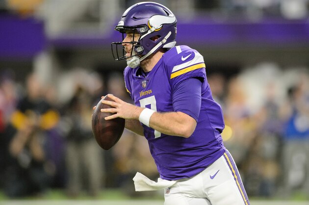 MINNEAPOLIS, MN - JANUARY 14: Case Keenum #7 of the Minnesota Vikings drops back with the ball against the New Orleans Saints during the first half of the NFC Divisional Playoff game on January 14, 2018 at U.S. Bank Stadium in Minneapolis, Minnesota. (Photo by Hannah Foslien/Getty Images)