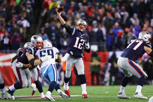 FOXBOROUGH, MA - JANUARY 13: Tom Brady #12 of the New England Patriots makes a pass during the AFC Divisional Playoff game against the Tennessee Titans at Gillette Stadium on January 13, 2018 in Foxborough, Massachusetts. (Photo by Maddie Meyer/Getty Images)
