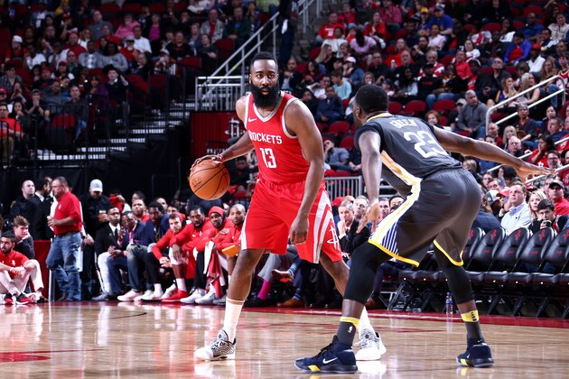 HOUSTON, TX - JANUARY 20:  James Harden #13 of the Houston Rockets handles the ball against the Golden State Warriors on January 20, 2018 at the Toyota Center in Houston, Texas. NOTE TO USER: User expressly acknowledges and agrees that, by downloading and or using this photograph, User is consenting to the terms and conditions of the Getty Images License Agreement. Mandatory Copyright Notice: Copyright 2018 NBAE (Photo by Nathaniel Butler/NBAE via Getty Images)