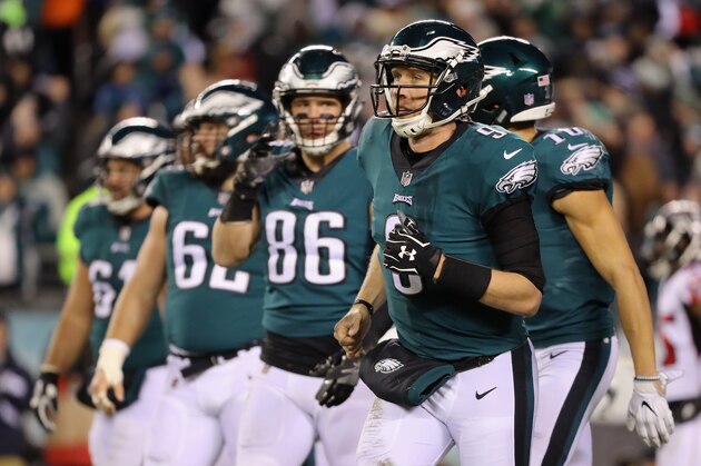 PHILADELPHIA, PA - JANUARY 13:  Quarterback Nick Foles #9 of the Philadelphia Eagles reacts against the Atlanta Falcons during the first half in the NFC Divisional Playoff game at Lincoln Financial Field on January 13, 2018 in Philadelphia, Pennsylvania.  (Photo by Abbie Parr/Getty Images)