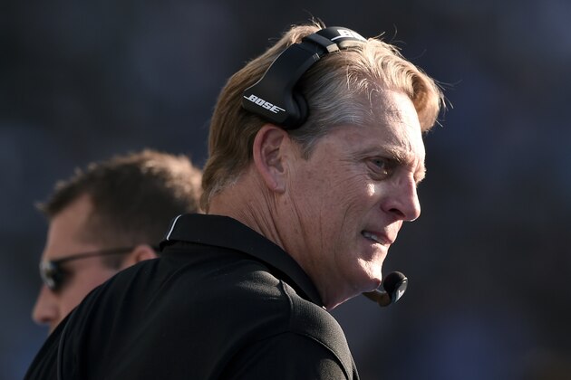 Oakland Raiders head coach Jack Del Rio looks on during the second half of an NFL football game against the Los Angeles Chargers, Sunday, Dec. 31, 2017, in Carson, Calif. (AP Photo/Kelvin Kuo)