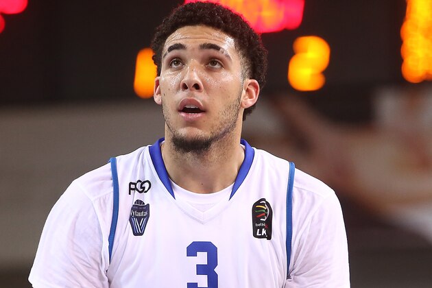 PRIENAI, LITHUANIA - JANUARY 09:  LiAngelo Ball of Vytautas Prienai in action during the match between Vytautas Prienai and Zalgiris Kauno on January 9, 2018 in Prienai, Lithuania.  (Photo by Alius Koroliovas/Getty Images)