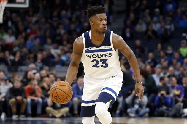 Minnesota Timberwolves' Jimmy Butler plays against the New York Knicks in the first half of an NBA basketball game Friday, Jan. 12, 2018, in Minneapolis. (AP Photo/Jim Mone)