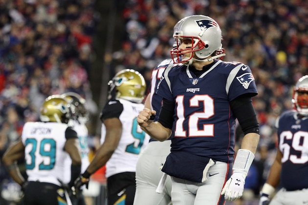 FOXBOROUGH, MA - JANUARY 21:  Tom Brady #12 of the New England Patriots reacts in the fourth quarter during the AFC Championship Game against the Jacksonville Jaguars at Gillette Stadium on January 21, 2018 in Foxborough, Massachusetts.  (Photo by Maddie Meyer/Getty Images)