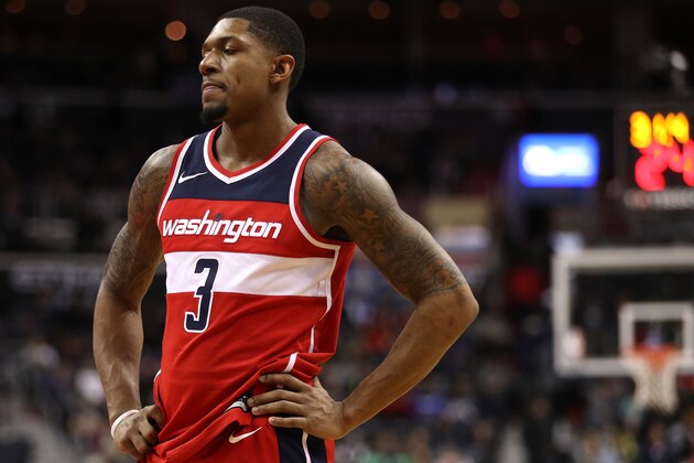 WASHINGTON, DC - JANUARY 15: Bradley Beal #3 of the Washington Wizards looks on against the Milwaukee Bucks during the second half at Capital One Arena on January 15, 2018 in Washington, DC. NOTE TO USER: User expressly acknowledges and agrees that, by downloading and or using this photograph, User is consenting to the terms and conditions of the Getty Images License Agreement. (Photo by Patrick Smith/Getty Images)