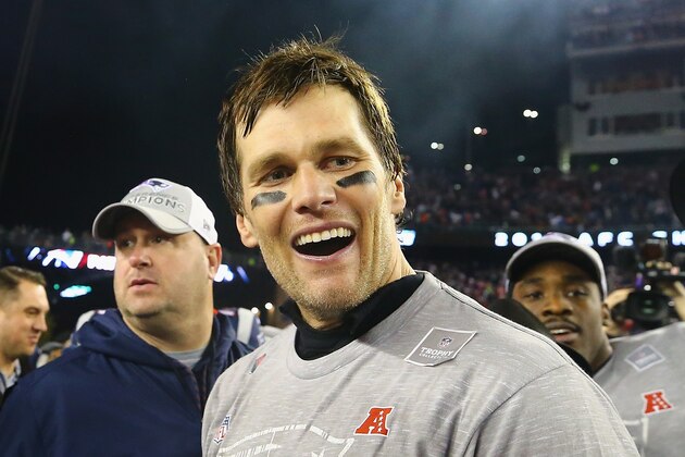 FOXBOROUGH, MA - JANUARY 21:  Tom Brady #12 of the New England Patriots reacts after winning the AFC Championship Game against the Jacksonville Jaguars at Gillette Stadium on January 21, 2018 in Foxborough, Massachusetts.  (Photo by Maddie Meyer/Getty Images)