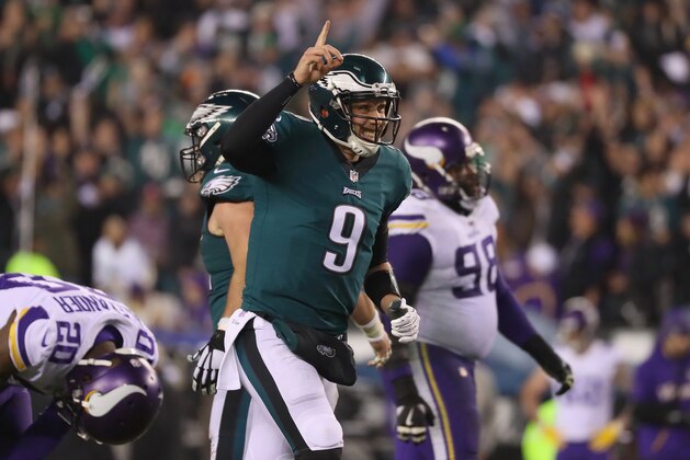 PHILADELPHIA, PA - JANUARY 21:  Nick Foles #9 of the Philadelphia Eagles celebrates a first quarter touchdown against the Minnesota Vikings in the NFC Championship game at Lincoln Financial Field on January 21, 2018 in Philadelphia, Pennsylvania.  (Photo by Abbie Parr/Getty Images)