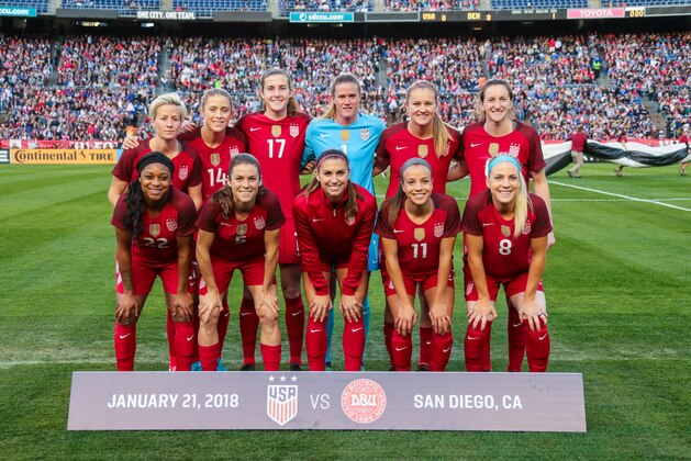 SAN DIEGO, CA - JANUARY 21:  The starting line-up of the U.S. women's national team poses pror to the start of the first half against the Danish women's national team at SDCCU Stadium on January 21, 2018 in San Diego, California.  (Photo by Kent Horner/Getty Images)