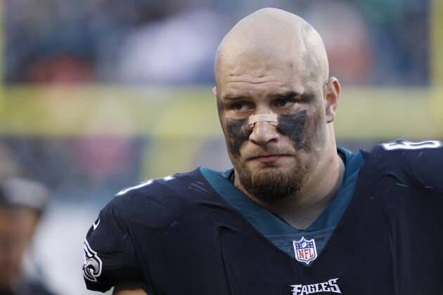 PHILADELPHIA, PA - NOVEMBER 05: Lane Johnson #65 of the Philadelphia Eagles looks on during a game against the Denver Broncos at Lincoln Financial Field on November 5, 2017 in Philadelphia, Pennsylvania. The Eagles defeated the Broncos 51-23. (Photo by Joe Robbins/Getty Images)