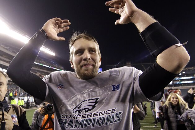 Philadelphia Eagles' Nick Foles celebrates after the NFL football NFC championship game against the Minnesota Vikings Sunday, Jan. 21, 2018, in Philadelphia. The Eagles won 38-7 to advance to Super Bowl LII. (AP Photo/Matt Rourke)