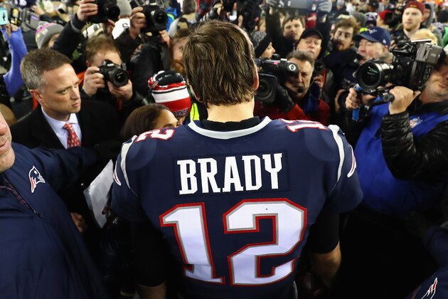 FOXBOROUGH, MA - JANUARY 21:  Tom Brady #12 of the New England Patriots celebrates after winning the AFC Championship Game against the Jacksonville Jaguars at Gillette Stadium on January 21, 2018 in Foxborough, Massachusetts.  (Photo by Adam Glanzman/Getty Images)