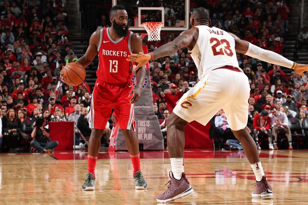 HOUSTON, TX - NOVEMBER 9: James Harden #13 of the Houston Rockets handles the ball against LeBron James #23 of the Cleveland Cavaliers on November 9, 2017 at Toyota Center in Houston, Texas. NOTE TO USER: User expressly acknowledges and agrees that, by downloading and/or using this photograph, user is consenting to the terms and conditions of the Getty Images License Agreement. Mandatory Copyright Notice: Copyright 2017 NBAE (Photo by Joe Murphy/NBAE via Getty Images)