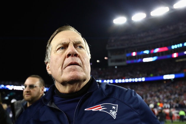 FOXBOROUGH, MA - JANUARY 21: Head coach Bill Belichick of the New England Patriots reacts after winning the AFC Championship Game against the Jacksonville Jaguars at Gillette Stadium on January 21, 2018 in Foxborough, Massachusetts.  (Photo by Adam Glanzman/Getty Images)