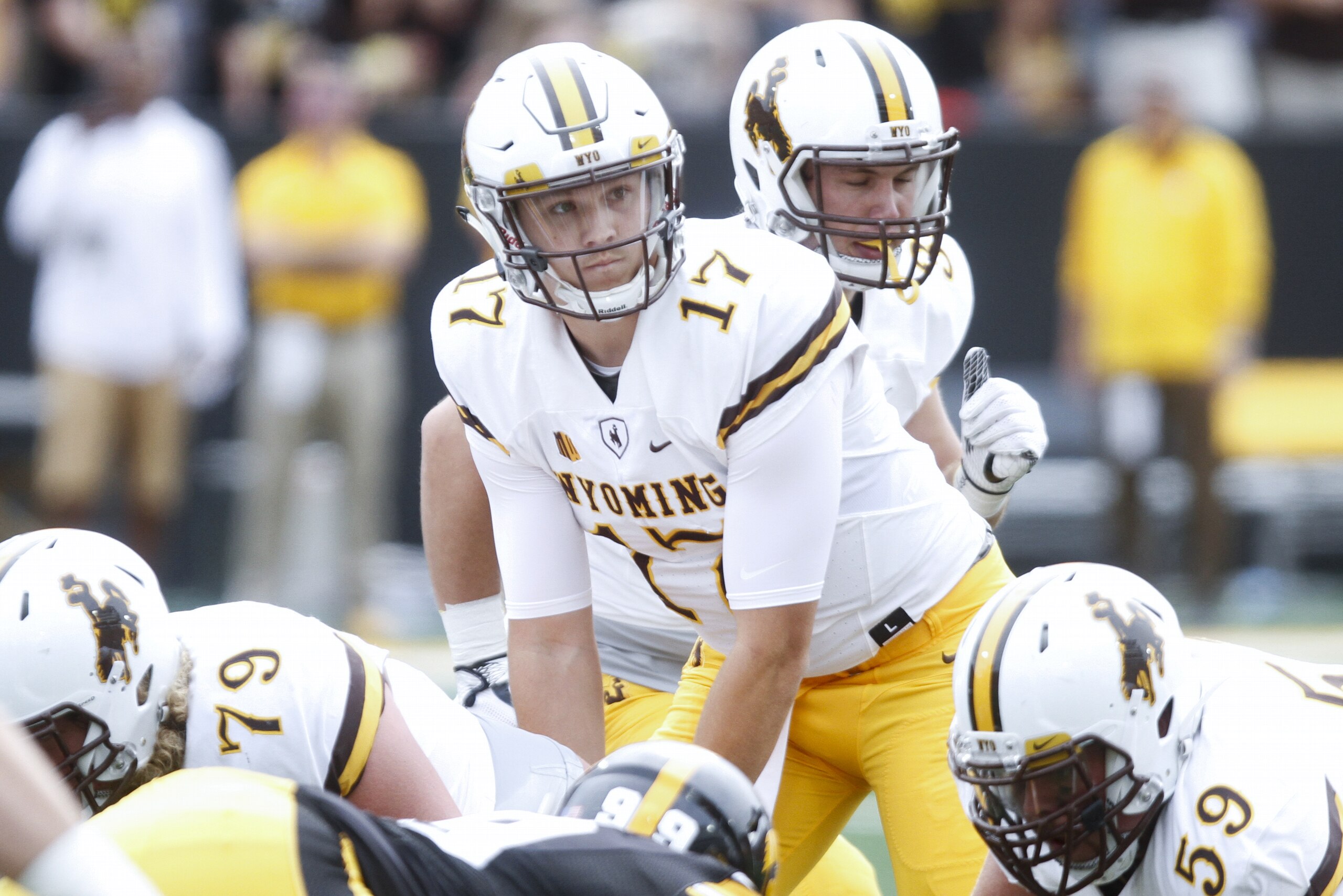 IOWA CITY, IOWA- SEPTEMBER 2:  Quarterback Josh Allen #17 of the Wyoming Cowboys in the first quarter against the Iowa Hawkeyes, on September 2, 2017 at Kinnick Stadium in Iowa City, Iowa.  (Photo by Matthew Holst/Getty Images)