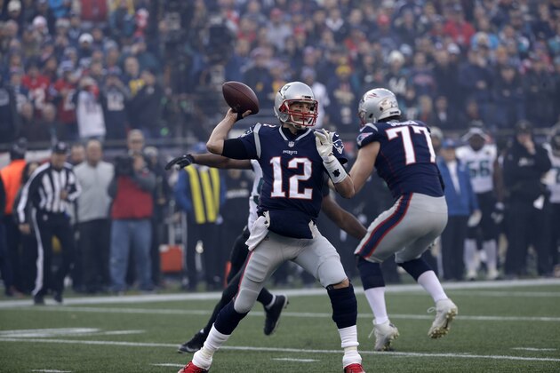 New England Patriots quarterback Tom Brady (12) throws a pass during the first half of the AFC championship NFL football game against the Jacksonville Jaguars, Sunday, Jan. 21, 2018, in Foxborough, Mass. (AP Photo/David J. Phillip)