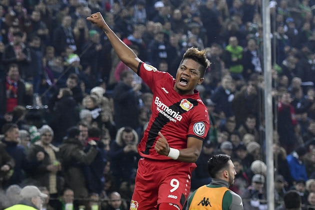 Leverkusen's Leon Bailey celebrates his opening goal during the German soccer cup match between Borussia Moenchengladbach and Bayer Leverkusen in Moenchengladbach, Germany, Wednesday, Dec. 20, 2017. (AP Photo/Martin Meissner)