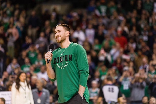BOSTON, MA - DECEMBER 25: Gordon Hayward #20 of the Boston Celtics addresses the crowd before the game between Boston Celtics and the Washington Wizards at TD Garden on December 25, 2017 in Boston, Massachusetts. NOTE TO USER: User expressly acknowledges and agrees that, by downloading and or using this photograph, User is consenting to the terms and conditions of the Getty Images License Agreement.
 (Photo by Omar Rawlings/Getty Images)