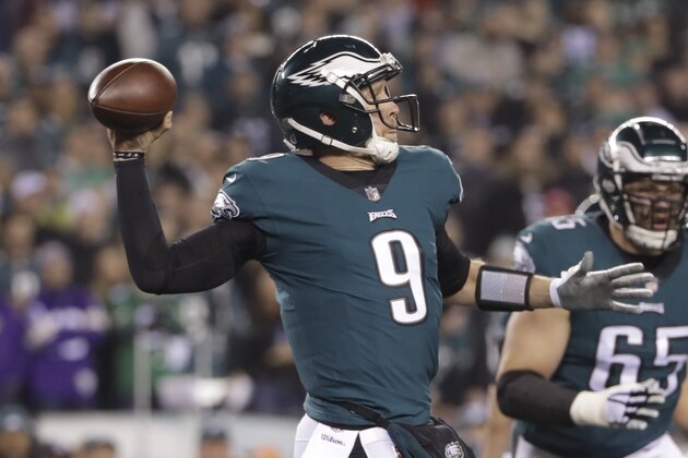 Philadelphia Eagles' Nick Foles throws during the first half of the NFL football NFC championship game against the Minnesota Vikings Sunday, Jan. 21, 2018, in Philadelphia. (AP Photo/Matt Slocum)