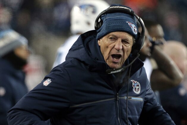Tennessee Titans defensive coordinator Dick LeBeau encourages his team during the second half of an NFL divisional playoff football game against the New England Patriots, Saturday, Jan. 13, 2018, in Foxborough, Mass. (AP Photo/Steven Senne)