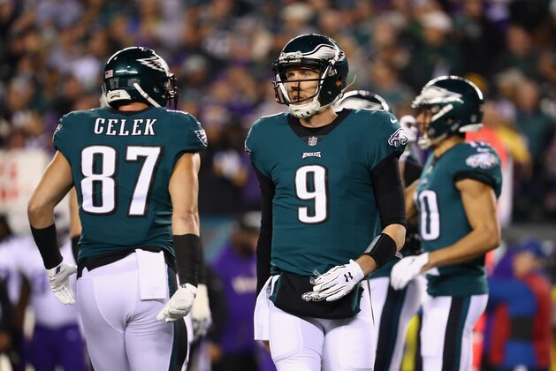 PHILADELPHIA, PA - JANUARY 21: Nick Foles #9 of the Philadelphia Eagles reacts against the Minnesota Vikings during the first quarter in the NFC Championship game at Lincoln Financial Field on January 21, 2018 in Philadelphia, Pennsylvania.  (Photo by Al Bello/Getty Images)