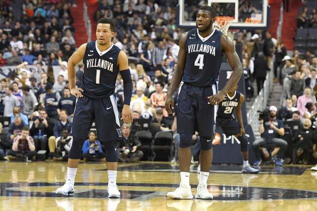 WASHINGTON, DC - JANUARY 17:  Jalen Brunson #1 and Eric Paschall #4 of the Villanova Wildcats look on during a college basketball game against the Georgetown Hoyas at the Capital One Arena on January 17, 2018 in Washington, DC.  The Wildcats won 88-56.  (Photo by Mitchell Layton/Getty Images)