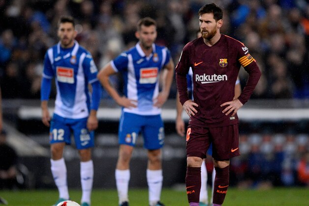 Barcelona's Argentinian forward Lionel Messi prepares to shoot a penalty kick during the Spanish 'Copa del Rey' (King's cup) quarter-final first leg football match between RCD Espanyol and FC Barcelona at the RCDE Stadium in Cornella de Llobregat on January 17, 2018. / AFP PHOTO / Josep LAGO        (Photo credit should read JOSEP LAGO/AFP/Getty Images)