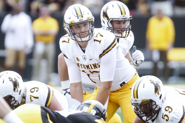 IOWA CITY, IOWA- SEPTEMBER 2:  Quarterback Josh Allen #17 of the Wyoming Cowboys in the first quarter against the Iowa Hawkeyes, on September 2, 2017 at Kinnick Stadium in Iowa City, Iowa.  (Photo by Matthew Holst/Getty Images)