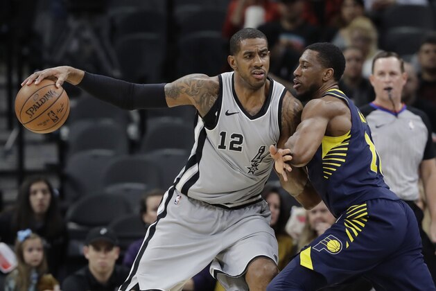 San Antonio Spurs forward LaMarcus Aldridge (12) tries to work the ball around Indiana Pacers forward Thaddeus Young (21) during the first half of an NBA basketball game, Sunday, Jan. 21, 2018, in San Antonio. (AP Photo/Eric Gay)