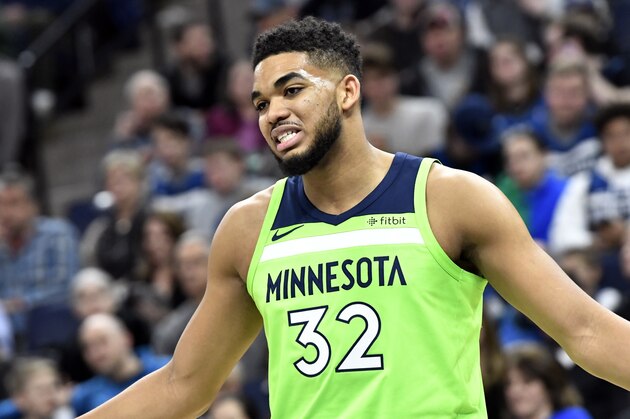Minnesota Timberwolves' Karl-Anthony Towns plays in the second half of an NBA basketball game against the Toronto Raptors Saturday, Jan. 20, 2018, in Minneapolis. (AP Photo/Jim Mone)