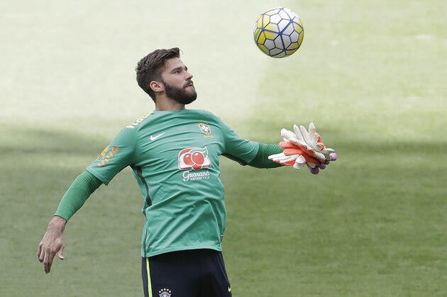 Brazil goalkeeper Alisson attends a training session in Belo Horizonte, Brazil, Tuesday, Nov. 8, 2016. Brazil will face Argentina in a 2018 World Cup qualifying soccer match on Thursday. (AP Photo/Andre Penner)