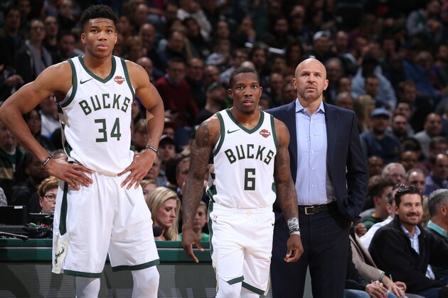 MILWAUKEE, WI - DECEMBER 6:  Giannis Antetokounmpo #34, Eric Bledsoe #6 and Jason Kidd of the Milwaukee Bucks look on during the game against the Detroit Pistons on December 6, 2017 at the BMO Harris Bradley Center in Milwaukee, Wisconsin. NOTE TO USER: User expressly acknowledges and agrees that, by downloading and or using this Photograph, user is consenting to the terms and conditions of the Getty Images License Agreement. Mandatory Copyright Notice: Copyright 2017 NBAE (Photo by Gary Dineen/NBAE via Getty Images)