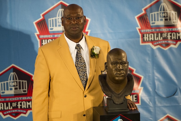 CANTON, OH - AUGUST 4: Former Seattle Seahawks defensive tackle Cortez Kennedy with his bust during the Class of 2012 Pro Football Hall of Fame Enshrinement Ceremony at Fawcett Stadium on August 4, 2012 in Canton, Ohio. (Photo by Jason Miller/Getty Images)
