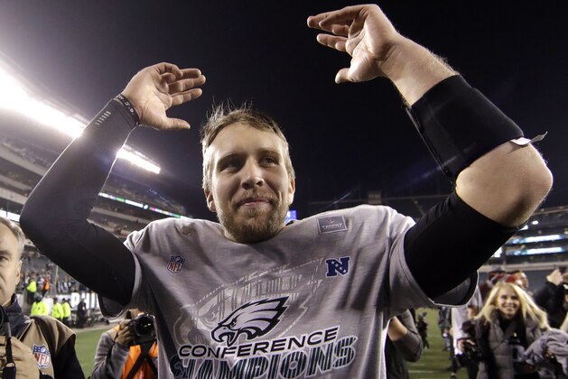 Philadelphia Eagles' Nick Foles celebrates after the NFL football NFC championship game against the Minnesota Vikings Sunday, Jan. 21, 2018, in Philadelphia. The Eagles won 38-7 to advance to Super Bowl LII. (AP Photo/Matt Rourke)