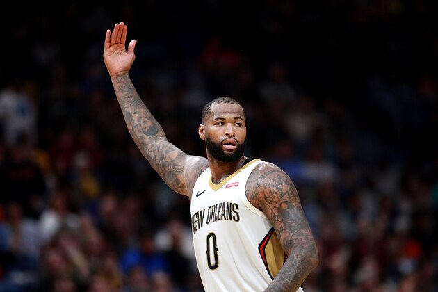 NEW ORLEANS, LA - JANUARY 20:  DeMarcus Cousins #0 of the New Orleans Pelicans reacts after assiting a teammate during the second half of a NBA game against the Memphis Grizzlies at the Smoothie King Center on January 20, 2018 in New Orleans, Louisiana. NOTE TO USER: User expressly acknowledges and agrees that, by downloading and or using this photograph, User is consenting to the terms and conditions of the Getty Images License Agreement.  (Photo by Sean Gardner/Getty Images)