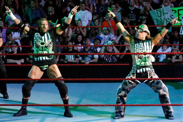 LAS VEGAS - AUGUST 24:  Wrestlers and tag team partners Triple H (L) and Shawn Michaels pose during the WWE Monday Night Raw show at the Thomas & Mack Center August 24, 2009 in Las Vegas, Nevada.  (Photo by Ethan Miller/Getty Images)