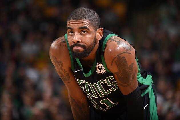 BOSTON, MA - JANUARY 21:  Kyrie Irving #11 of the Boston Celtics looks on during the game against the Orlando Magic on January 21, 2018 at the TD Garden in Boston, Massachusetts.  NOTE TO USER: User expressly acknowledges and agrees that, by downloading and or using this photograph, User is consenting to the terms and conditions of the Getty Images License Agreement. Mandatory Copyright Notice: Copyright 2018 NBAE  (Photo by Brian Babineau/NBAE via Getty Images)