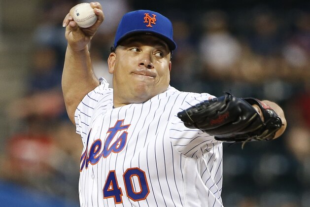 New York Mets starting pitcher Bartolo Colon delivers during the first inning of a baseball game against the Miami Marlins, Wednesday, Aug. 31, 2016, in New York. (AP Photo/Kathy Willens)