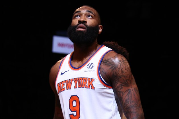 BROOKLYN, NY - JANUARY 15:  Kyle O'Quinn #9 of the New York Knicks looks on during the game against the Brooklyn Nets on January 15, 2018 at Barclays Center in Brooklyn, New York. NOTE TO USER: User expressly acknowledges and agrees that, by downloading and or using this Photograph, user is consenting to the terms and conditions of the Getty Images License Agreement. Mandatory Copyright Notice: Copyright 2018 NBAE (Photo by Nathaniel S. Butler/NBAE via Getty Images)