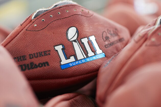Official balls for the NFL Super Bowl LII football game are seen at the Wilson Sporting Goods Co. in Ada, Ohio, Monday, Jan. 22, 2018. The New England Patriots will play the Philadelphia Eagles in the Super Bowl on Feb. 4, in Minneapolis, MN. (AP Photo/Rick Osentoski)