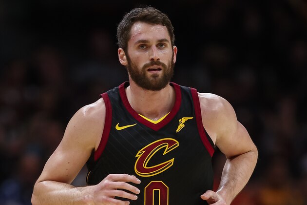 CLEVELAND, OH - JANUARY 15: Kevin Love #0 of the Cleveland Cavaliers jogs up the court during the game against the Golden State Warriors at Quicken Loans Arena on January 15, 2018 in Cleveland, Ohio. NOTE TO USER: User expressly acknowledges and agrees that, by downloading and or using this photograph, User is consenting to the terms and conditions of the Getty Images License Agreement.(Photo by Michael Hickey/Getty Images)