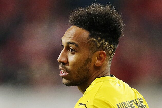 FILE - In this Dec. 12, 2017 file photo Dortmund's Pierre-Emerick Aubameyang looks on during a German first division Bundesliga soccer match between FSV Mainz 05 and Borussia Dortmund in Mainz, Germany. (AP Photo/Michael Probst, file)