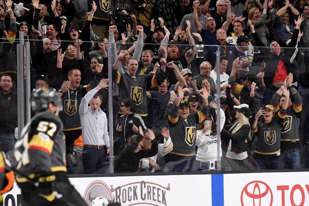 LAS VEGAS, NV - OCTOBER 17:  The crowd reacts after David Perron #57 of the Vegas Golden Knights scored a game-winning goal in overtime against the Buffalo Sabres at T-Mobile Arena on October 17, 2017 in Las Vegas, Nevada. The Golden Knights won 5-4 in overtime.  (Photo by Ethan Miller/Getty Images)