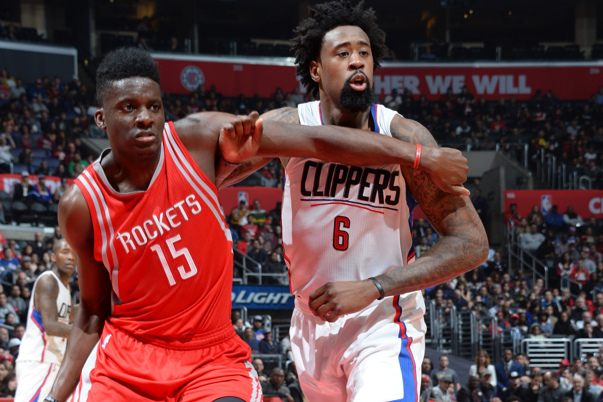 LOS ANGELES, CA - JANUARY 18: Clint Capela #15 of the Houston Rockets defends the basket against DeAndre Jordan #6 of the Los Angeles Clippers during the game on January 18, 2016 at STAPLES Center in Los Angeles, California. NOTE TO USER: User expressly acknowledges and agrees that, by downloading and or using this Photograph, user is consenting to the terms and conditions of the Getty Images License Agreement. Mandatory Copyright Notice: Copyright 2016 NBAE (Photo by Andrew Bernstein/NBAE via Getty Images)