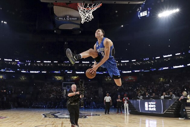Orlando Magic's Aaron Gordon participates in the slam dunk contest during NBA All-Star Saturday Night in New Orleans, Saturday, Feb. 18, 2017. (Ronald Martinez/Pool via AP)