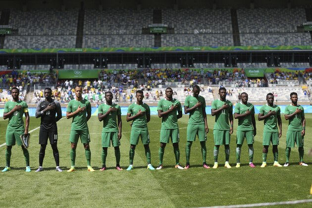 FILE - In this Saturday Aug. 20, 2016 file photo, Nigeria's soccer team sing the national anthem before the bronze medal match of the men's Olympic football tournament between Honduras and Nigeria at Mineirao stadium in Belo Horizonte, Brazil. Nigeria will qualify for the 2018 World Cup if it beats Zambia on Saturday, Oct. 7, 2017 in the city of Uyo, where Akwa Ibom state governor Udom Emmanuel promised the reward for the players. Emmanuel has already paid out $50,000 to the players, the Nigeria Football Federation said, after pledging $10,000 for each goal in their two matches against Cameroon last month. (AP Photo/Eugenio Savio, file)