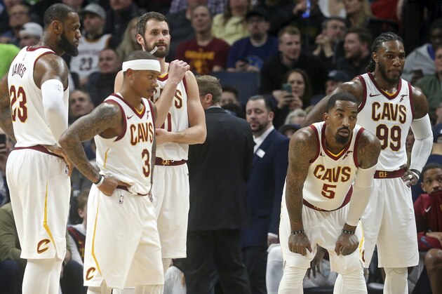 FILE - In this Monday, Jan. 8, 2018, file photo, Cleveland Cavaliers players, from left, LeBron James, Isaiah Thomas, Kevin Love, JR Smith and Jae Crowder take a break during a review in the second half of an NBA basketball game against the Minnesota Timberwolves in Minneapolis. Frustrated by their recent poor play in a season where their NBA title hopes seem to be slipping away, the Cavaliers held an emotional pre-practice meeting on Monday, Jan. 22, 2018, in hopes of clearing the air. (AP Photo/Jim Mone, File)